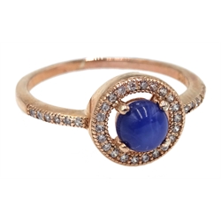  Rose gold on silver star sapphire and cubic zirconia halo ring, stamped 925  