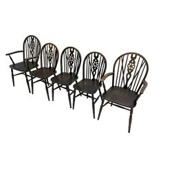 Late 20th century set five (3+2) beech Windsor armchairs, hoop back with pierced wheel splat, turned supports joined by H shaped swell turned stretchers