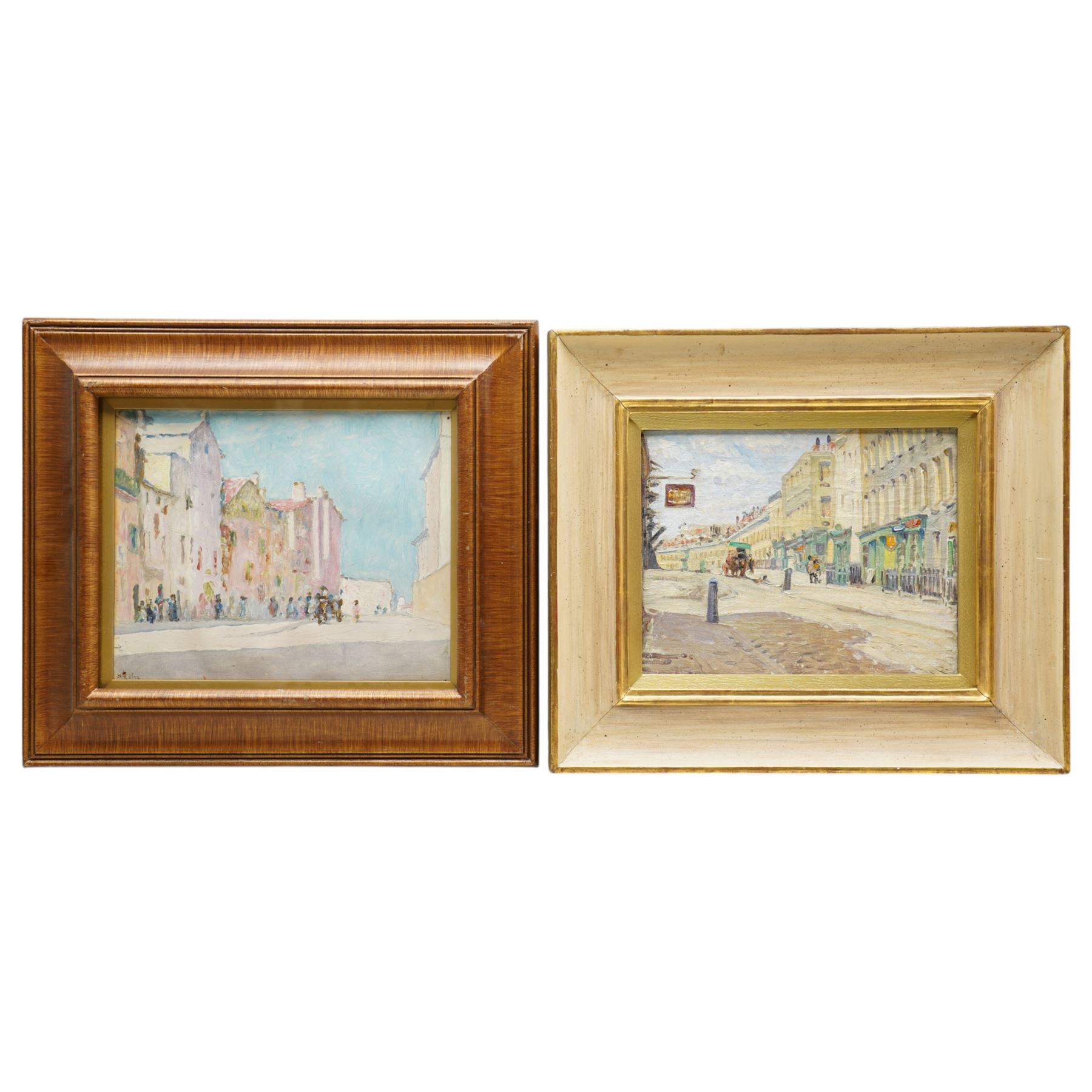 Attrib. Edgar Wood (British 1860-1935): Continental Street Scene with Figures, two oils one indistinctly signed max 22cm x 27cm