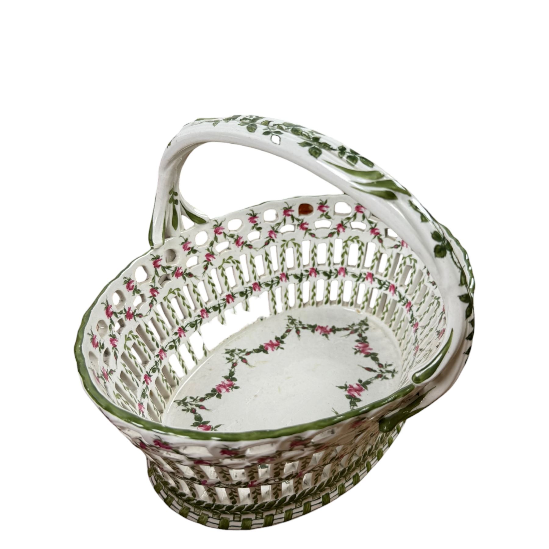 Moore Bros basket, decorated with floral sprigs and gilt detail, together with another basket and glass dish