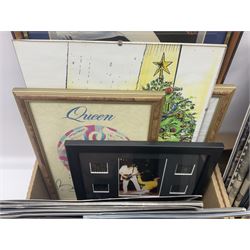 Mostly Queen and Freddie Mercury interest items, including pin badges, newspaper cuttings, diecast 'promotional' vehicles, special edition Pop Rocks figure of Freddie Mercury, VHS tapes, two charity certificates signed by Brian May and Roger Taylor, poster etc, in two boxes 