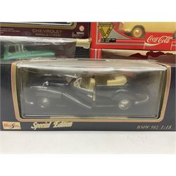 Seven 1:18 scale die-cast models by Ertl, Road legends, Maisto, Solido etc including two Coca Cola promotional vehicles; five boxed (7)