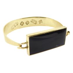 9ct gold rectangular Whitby jet, wide bangle by C W Sellors, Sheffield 1996