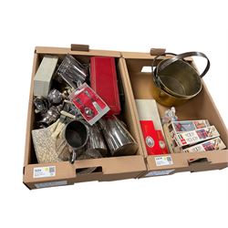 Brass jam pan, together with collection of silver plate and other collectables, in two boxes 