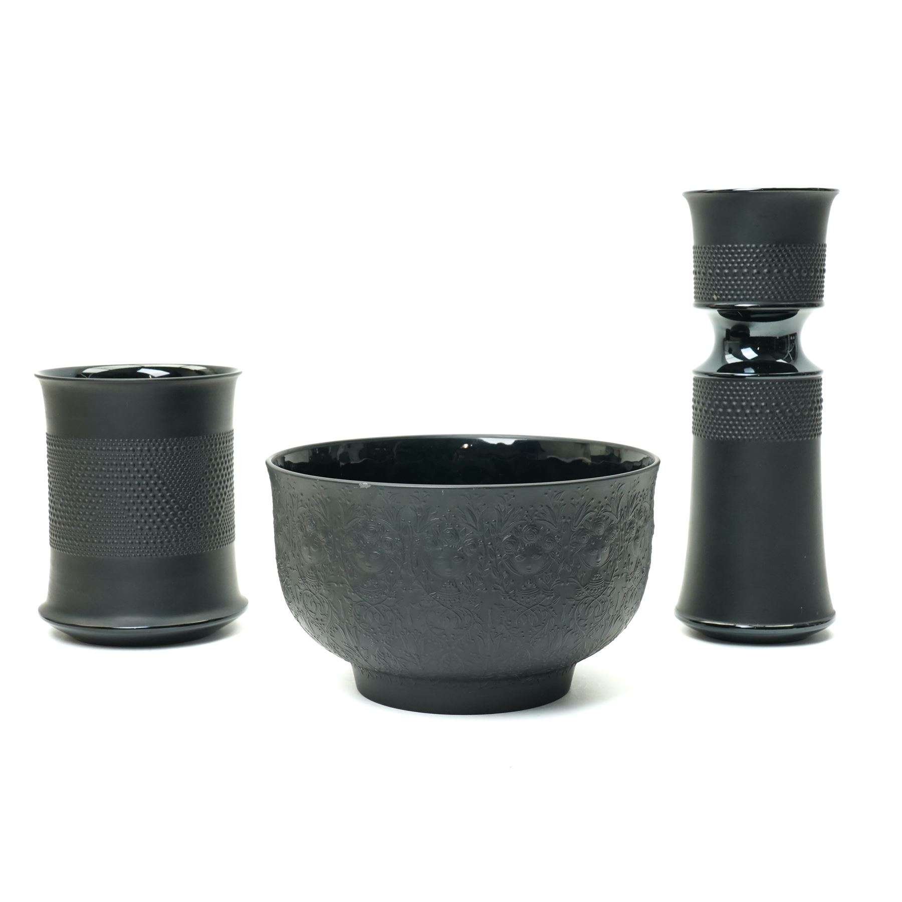Tapio Wirkkala and Bjørn Wiinblad for Rosenthal - bowl decorated in light relief with goddesses, H15cm; together with two vases from the Porcelaine Noir series, larger H31.5cm (3)