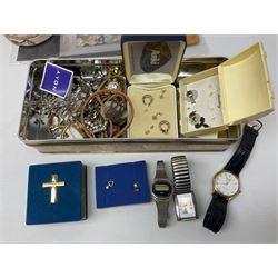 Pair of 9ct gold heart design hoop earrings and 9ct gold pearl earring together with a small collection of silver, costume jewellery and a collection of stamps including some useable postage 