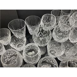 Set of Waterford Crystal Lismore pattern drinking glasses for six people, including hock glasses, goblets, champagne flutes,  sherry glasses, liqueur glasses, hi ball glasses, whisky glasses, brandy balloons, etc, all with etched maker's mark beneath  (62)