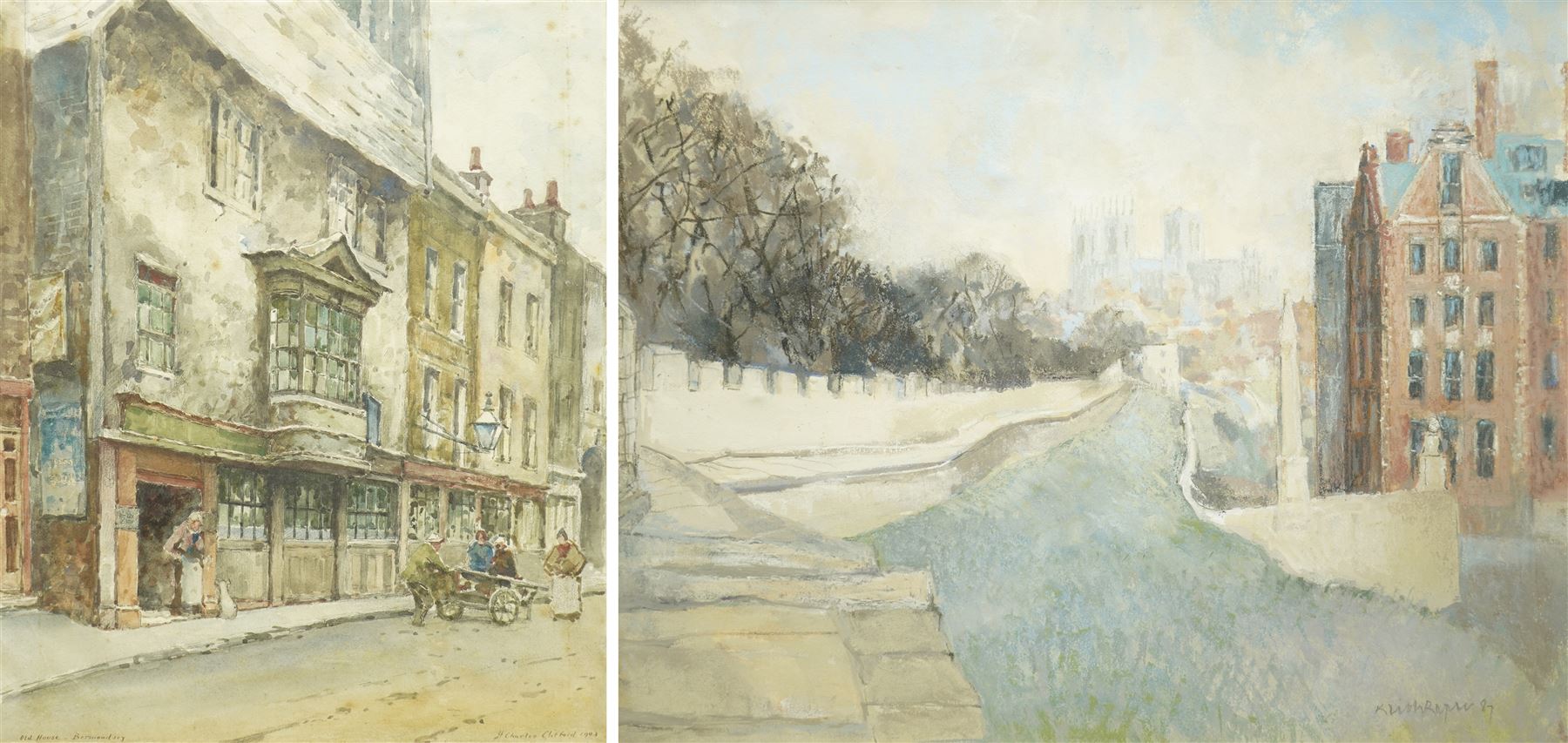 Keith Roper (British 1946-): York Minster from City Walls with the Grand Hotel, pastel signed and dated '87, 29cm x 37cm; Henry Charles Clifford (British 1861-1947): 'Old House Bermondsey', watercolour signed titled and dated 1903, 33cm x 26cm (2)