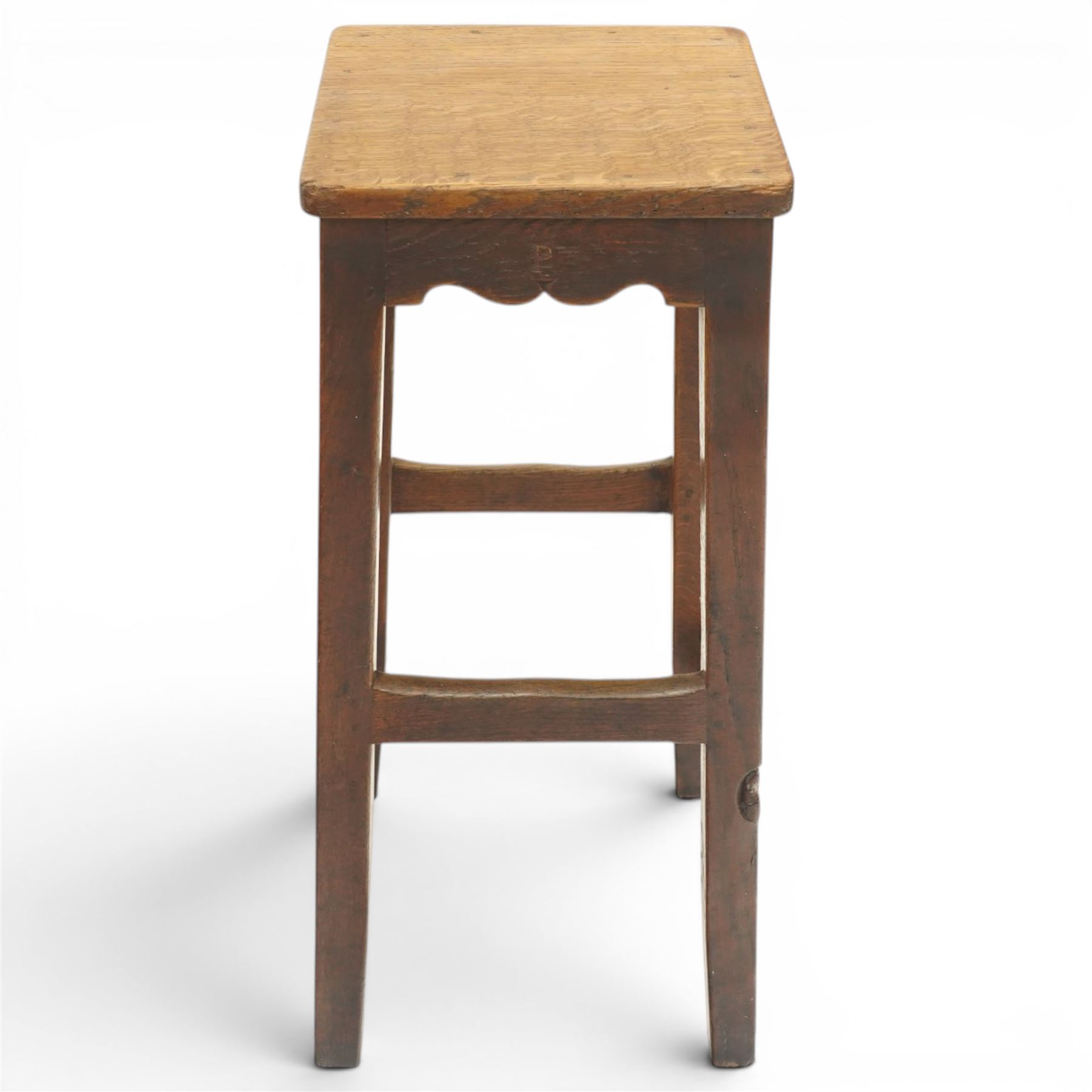 Mouseman - circa 1940/50's oak bar stool, square top with shaped apron carved with initial, raised on four tapering square legs, joined by rails, with carved mouse signature, by Robert Thompson of Kilburn, initialled with provenance from the Old Hall, Thornton-le-Dale, North Yorkshire, further info to follow