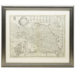 John Speed (British 1552–1629): ‘The North and East Ridings of Yorkshire’ and ‘The West Ridinge of Yorkshyre’, pair of early 17th century engraved maps, first edition, first strike, both in original uncoloured condition, with numerous armorials, decorative cartouches and embellishments, the North & East Riding map with inset plans of Richmond and Hull, and the West Riding map with an inset plan of Yorke, pub. 1611 & 1616 with the rare Latin text verso 40cm x 53cm (2)