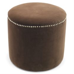 Oka - Costellina circular ottoman stool upholstered in truffle velvet, metal studs lining the top edge