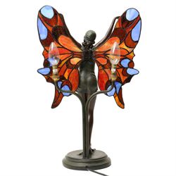 Tiffany style table lamp in the form of an art deco style bronzed female figure with butterfly wings H52cm