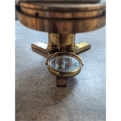 19th century brass binocular microscope by R&J Beck, 31 Cornhill London, numbered 6386, with rack and pinion focusing, housed in wooden case with case of accessories, including eyepieces, objective lenses and condenser