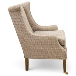 Whitehead designs - Edwardian design 'Tissington' wingback armchair on square tapering feet with castors, upholstered in pink tweed fabric