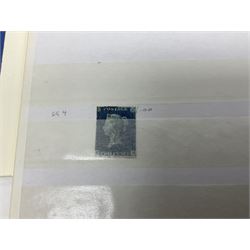 Mostly Great British Queen Victoria stamps, including penny black with black MX cancel, 1840 two pence blue with black cancel, imperf penny reds singles and pairs, perf penny reds stars and plates, various postmarks or cancels, penny reds on pieces or covers, halfpenny 'bantams', other QV issues with some higher values etc, housed in a blue stockbook