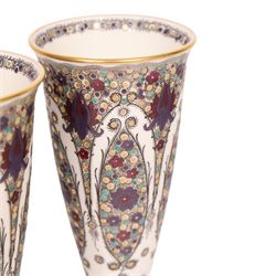 Pair of early 20th century Royal Worcester shape 2601 vases, painted with peacock feather design, marked in puce to base H16.5cm 