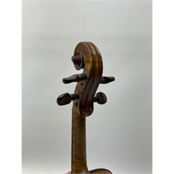 French Mirecourt violin c1920s with 36cm one-piece maple back and ribs and spruce top, labelled Jermone Thibouville-Lamy, L59cm, in fitted carrying case with German bow and 1984 valuation certificate by Frome Valley Music