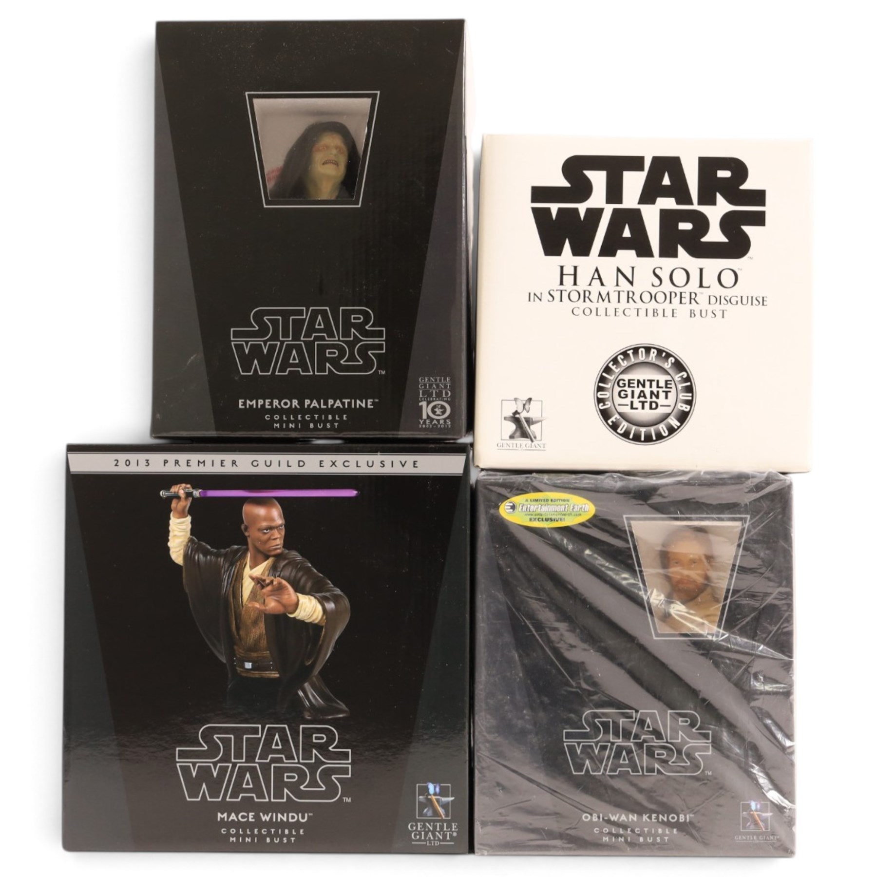Four limited edition Gentle Giant Star Wars collectible mini busts, comprising 2013 Premier Guild Exclusive Mace Windu, Collector's Club Edition Han Solo in Stormtrooper Disguise, Revenge of the Sith Obi-Wan Kenobi and Return of the Jedi Emperor Palpatine, all boxed