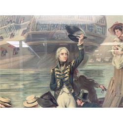 After Fred Roe, pair of colour prints of Lord Nelson, one titled 'Good-bye My lads', the other depicting Nelson walking through the streets of Portsmouth, 52 x 81cm, modern mahogany frames (2)