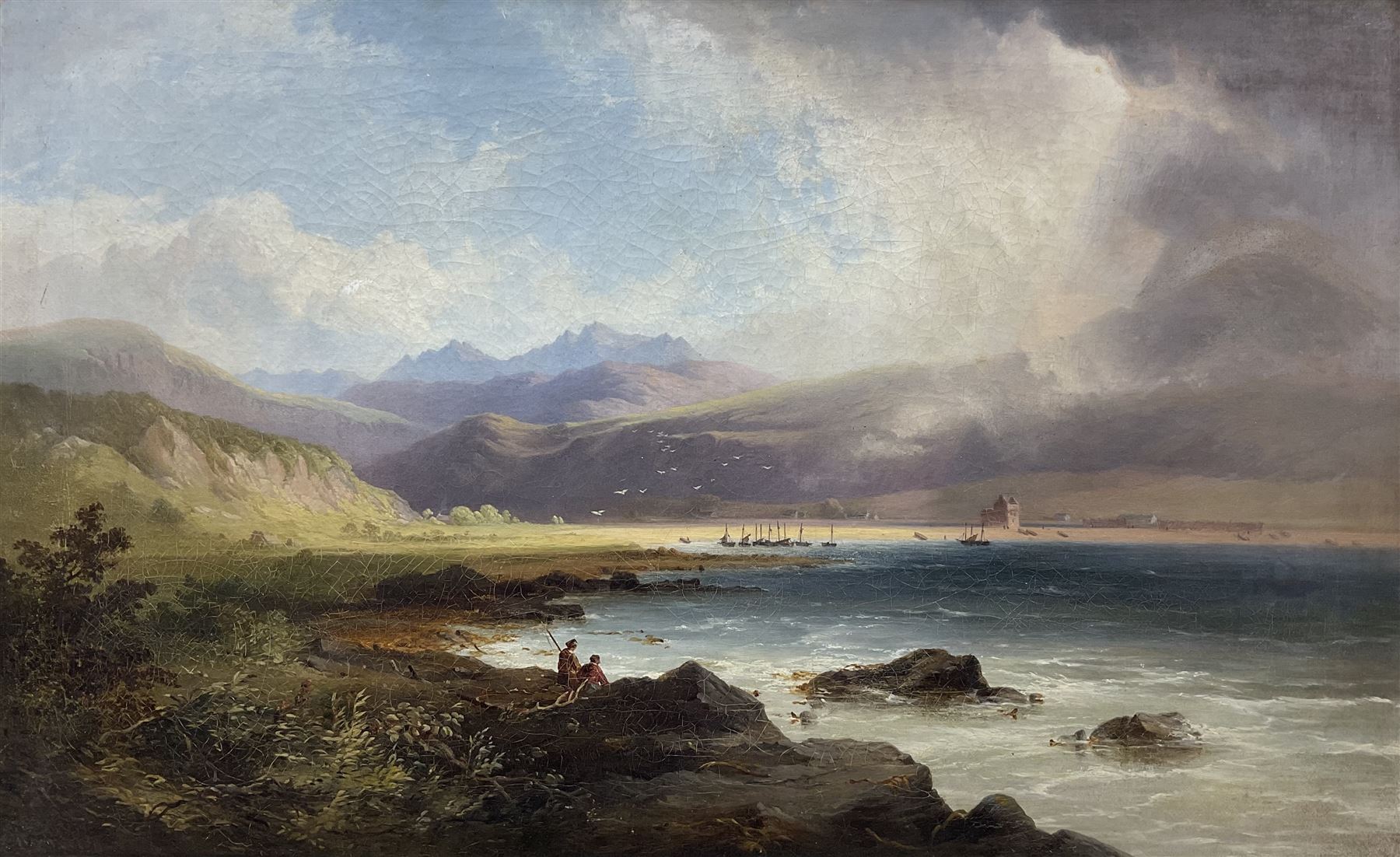 John Cairns (Scottish fl.1845-1870): 'Lochranza - Isle of Arran', oil on canvas, signed and titled with artist's Edinburgh address on original label verso 50cm x 80cm 
Provenance: private collection, purchased Shapes Auctioneers Edinburgh 27th April 2002 Lot 326