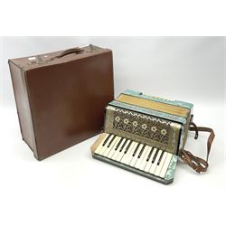Barcarole piano accordion with blue pearline finish, fifteen keys and twelve buttons W32cm; in carrying case