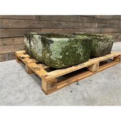 Two 19th century rectangular stone troughs (W72cm, D46cm, H25cm & W70cm, D44cm, H23cm)