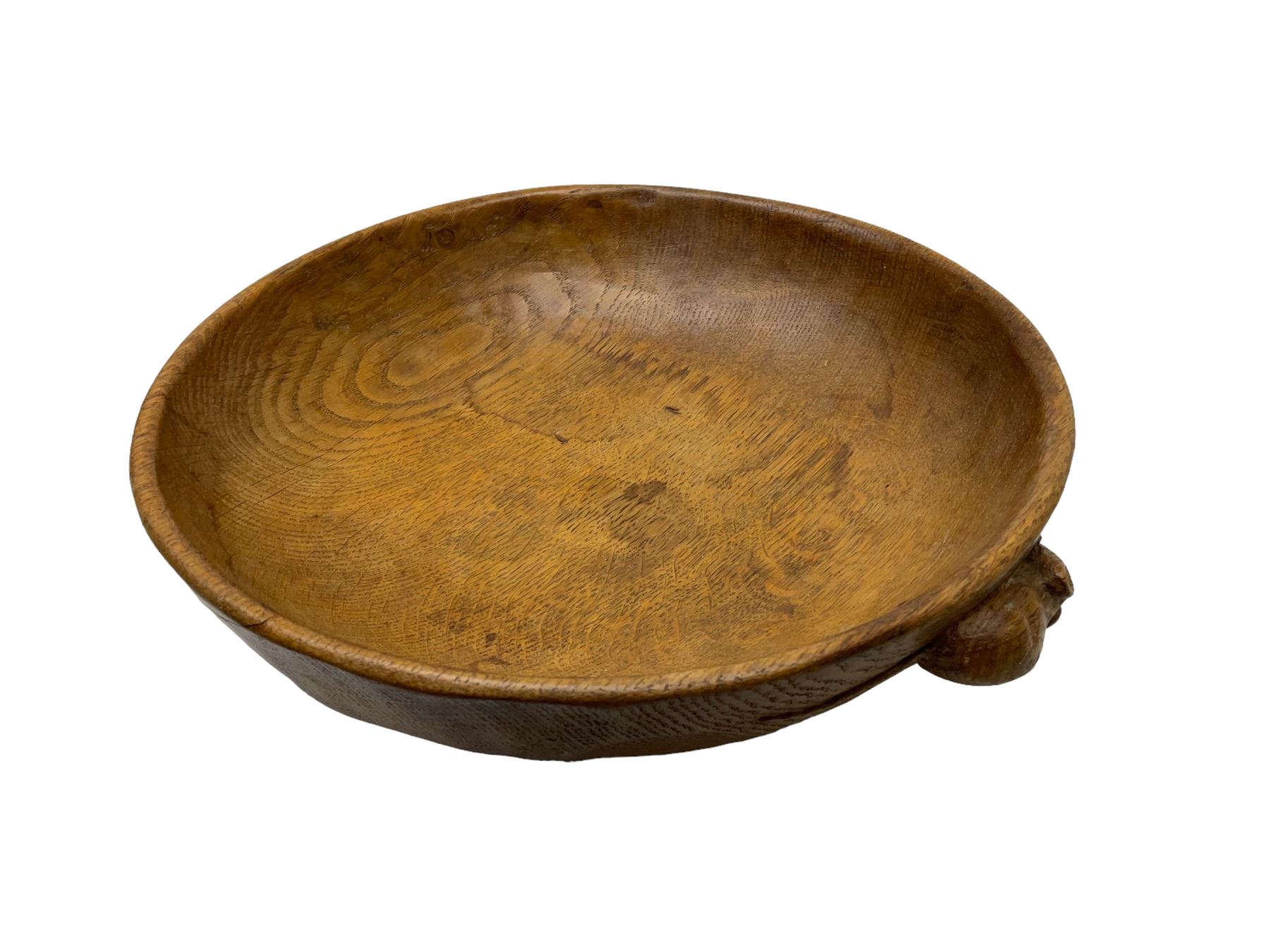 Mouseman - oak fruit bowl, the adzed exterior with carved mouse signature, by the workshop of Robert Thompson, Kilburn, D26cm
