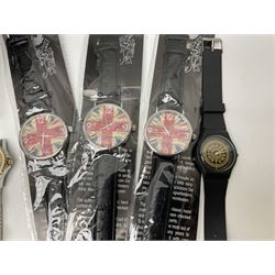 Three Sekonda wristwatches, together with other wristwatches, enamel badges and collectable badges