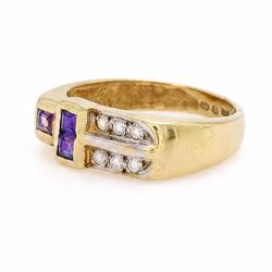 18ct gold purple sapphire and cubic zirconia dress ring, bezel set with three square cut sapphires and six cubic zirconia's, stamped 750