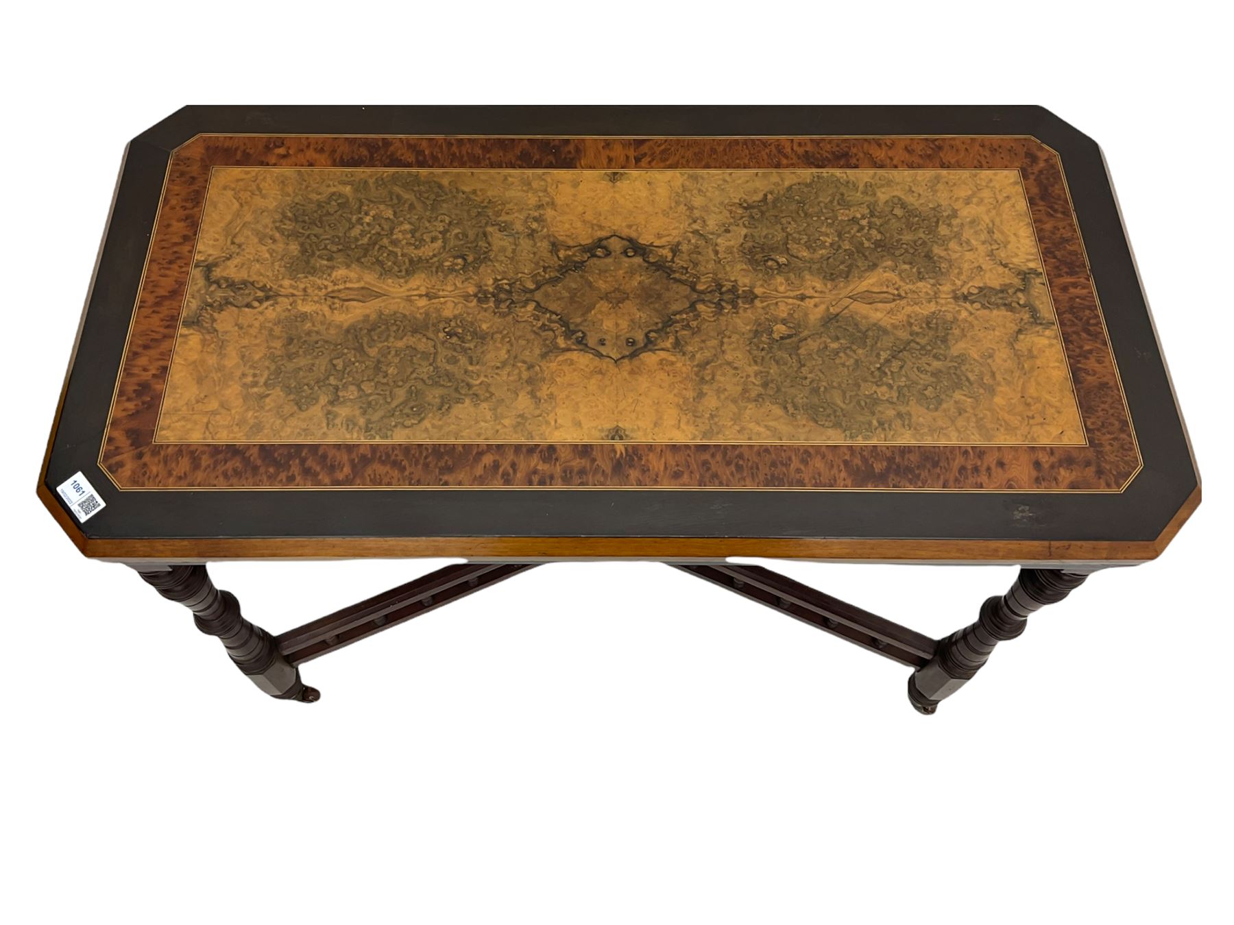 Late Victorian figured walnut and amboyna card-table, rectangular fold over top with baize lining, on turned supports joined by x framed balustrade stretchers