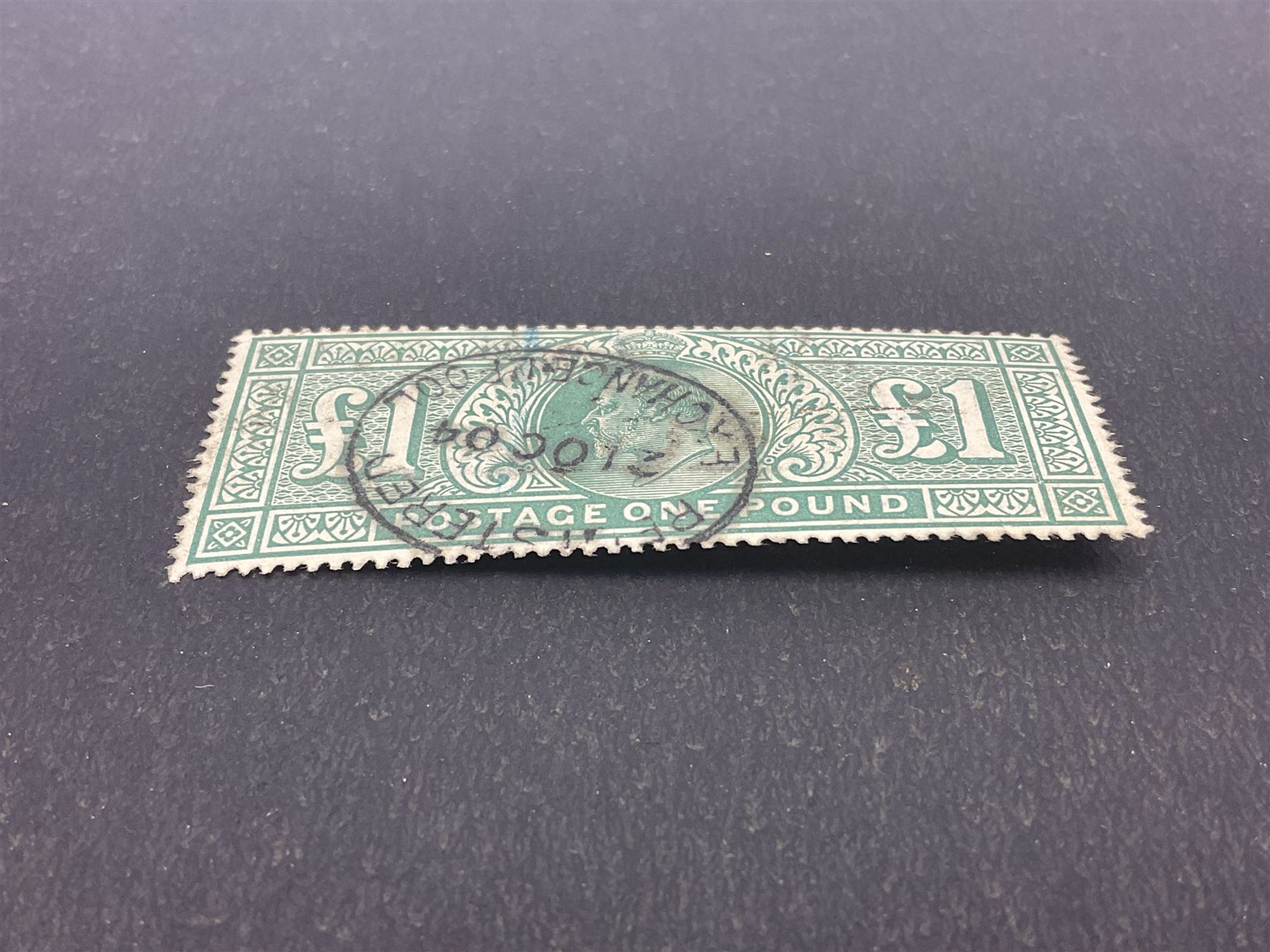 Great Britain King Edward VII one pound green stamp, used, previously mounted
