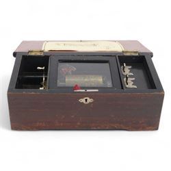 Early 20th century Swiss musical box- in a plain mahogany finished case playing six airs on a 30 tooth steel comb, with a 3-1/4”  pinned cylinder and tune indicator, with play/stop/repeat/change/ levers, crank wound spring driven barrel with Geneva stopwork, case fitted with an internal viewing glass.