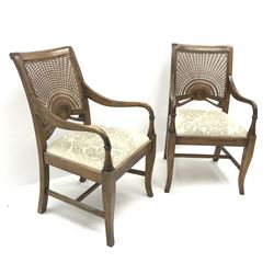 Pair caned back armchairs, scrolling arms, upholstered seat, cabriole legs joined by stretchers, W57cm