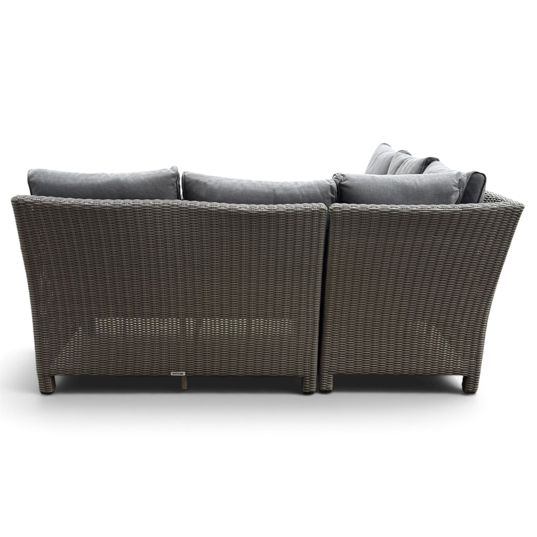 Kettler - Palma rattan garden lounge suite, comprising modular corner sofa (DIM) with slatted and rattan garden table on end supports (DIM), and three stools (DIM), with loose seat cushions