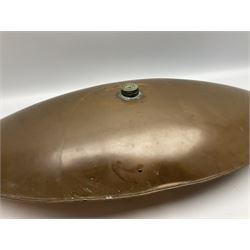 Victorian copper carriage foot warmer of flattened oval form with two carrying handles, L70cm