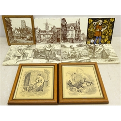  Set of four Mintons China Works Village Life tiles designed by William Wise, 15cm x 15cm two Minton China Works 'Rustic Figures' printed tiles, all circa 1880, framed, three late Victorian Minton China Works sepia printed tiles decorated with street scenes designed by  L.T Swetnam, 15cm x 15cm and V&A reproduction tile (10) Provenance: From a Private Yorkshire Collector   