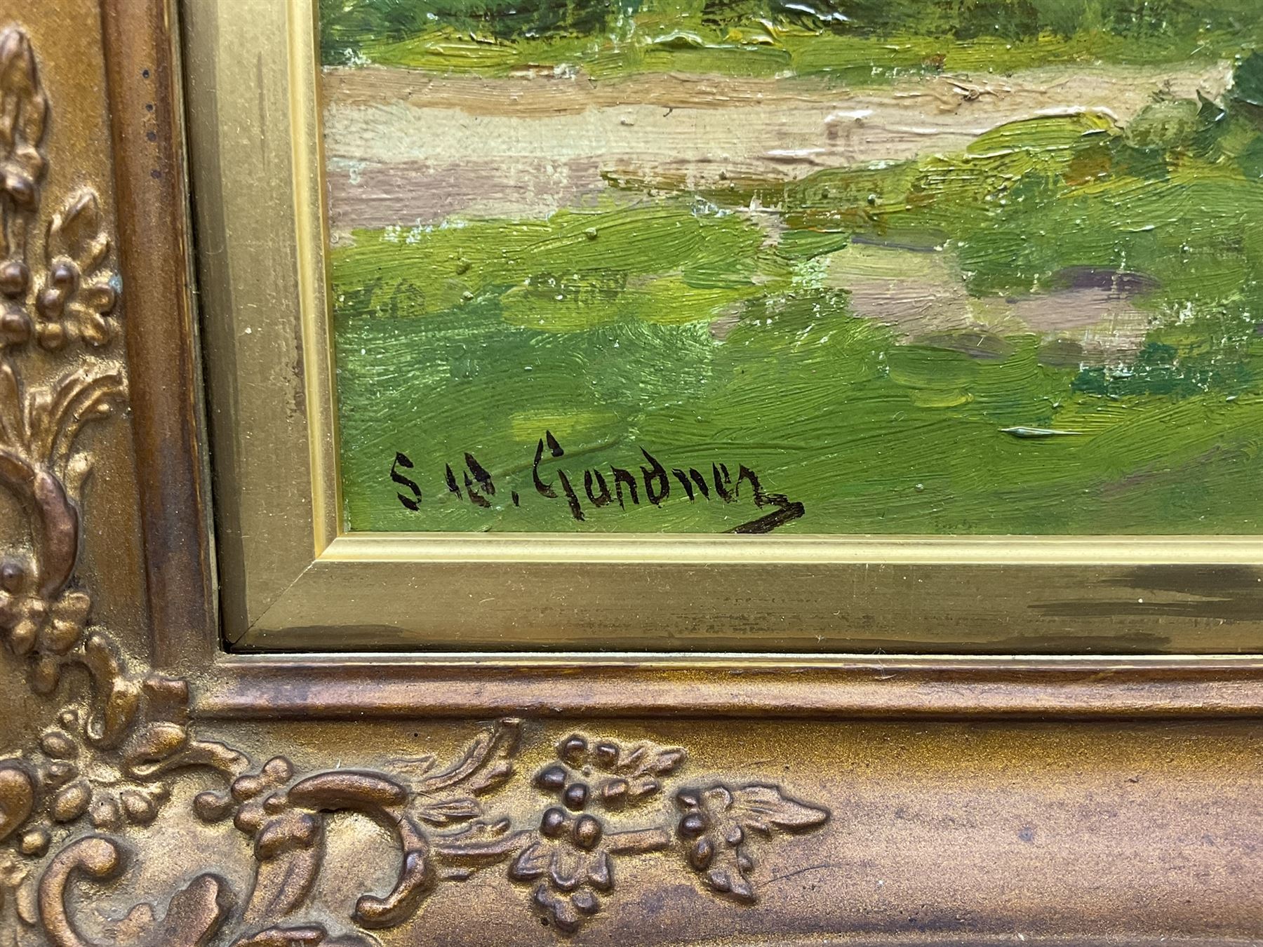 Sidney Valentine Gardner (Staithes Group 1869-1957): The Thatched Cottage, oil on canvas laid on to board signed 24cm x 34cm