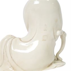 Three Chinese blanc de chine, each depicting Guanyin seated, Dehua province, two with double gourd and potters seal marks to the reverse 
