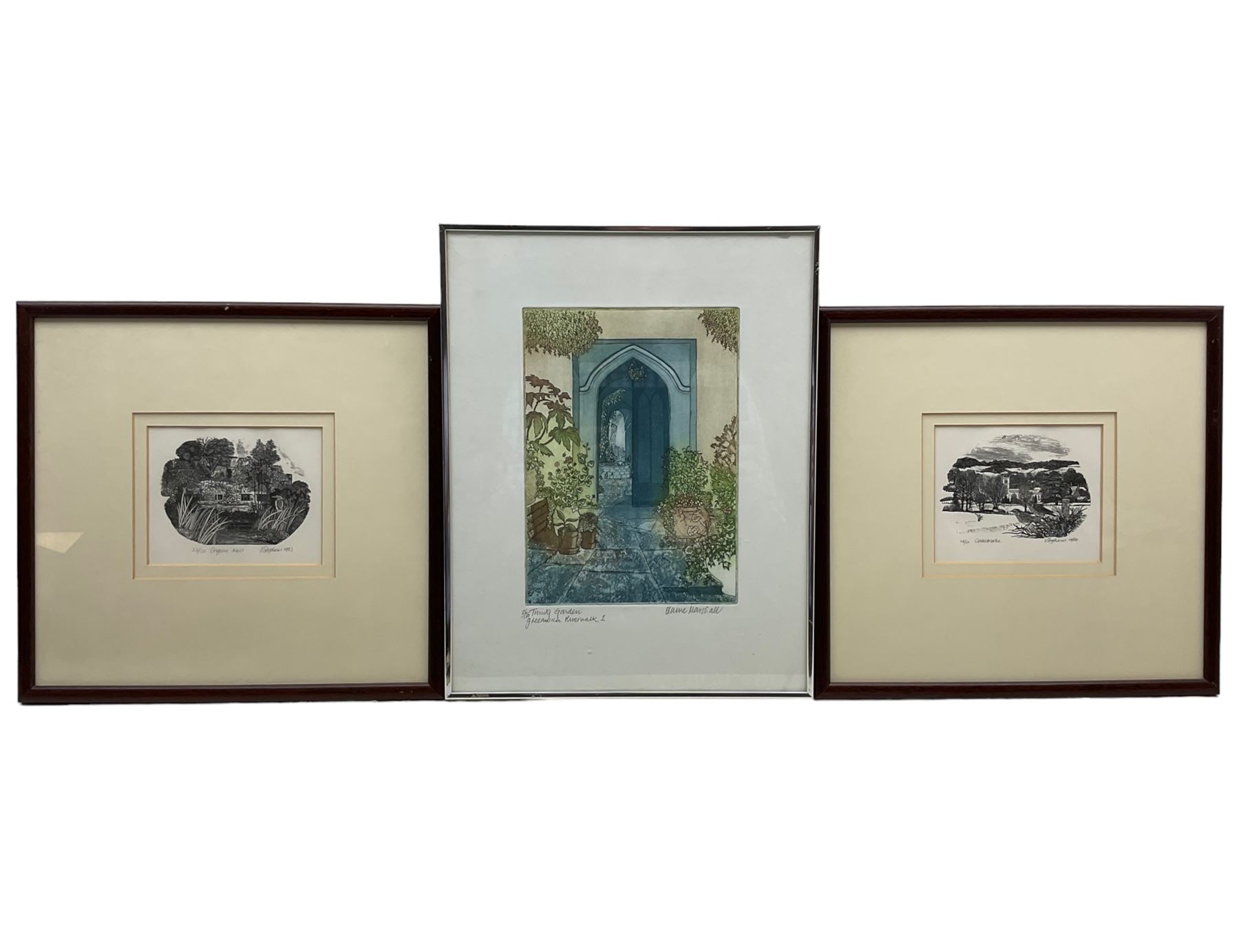 Ian Stephens RE (British 1940-): 'Cosgrove Mill' and 'Cottesbrooke', pair wood engravings signed and titled, dated 1983 and 1984 and numbered 22/50 and 26/50, respectively, 10cm x 13cm; Elaine Marshall (British Contemporary): 'Trinity Garden, Greenwich Riverwalk 1', coloured etching with aquatint signed titled and numbered 26/100 in pencil 23cm x 16cm (3)