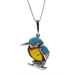 Silver turquoise and Baltic amber kingfisher pendant necklace, stamped 925
