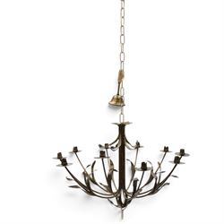 Early 20th century wrought iron and gilt metal twelve-light candle chandelier, with scroll...