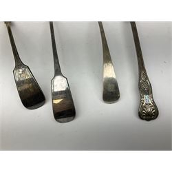 Two silver plated Fiddle pattern soup ladles, a silver plated Old English pattern soup ladle, and a silver plated Kings pattern basting spoon, (4)