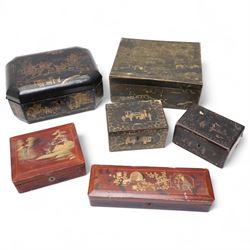 Chinoiserie black and gilt lacquer box decorated with figures and landscapes W28cm and fiv...