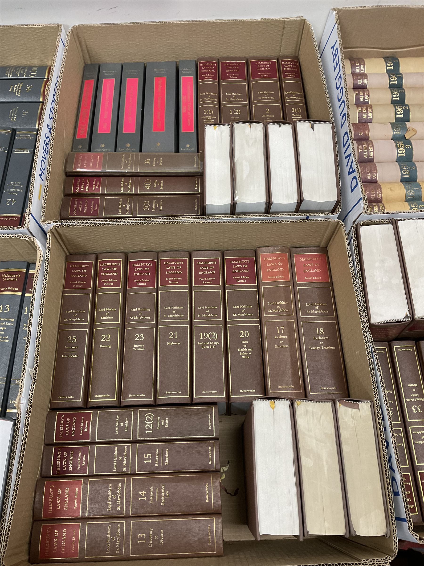 Large collection of law books, to include Halsbury’s Statutory Instruments, Atkin’s Court Forms, Halsbury’s Laws of England etc, in fourteen boxes  