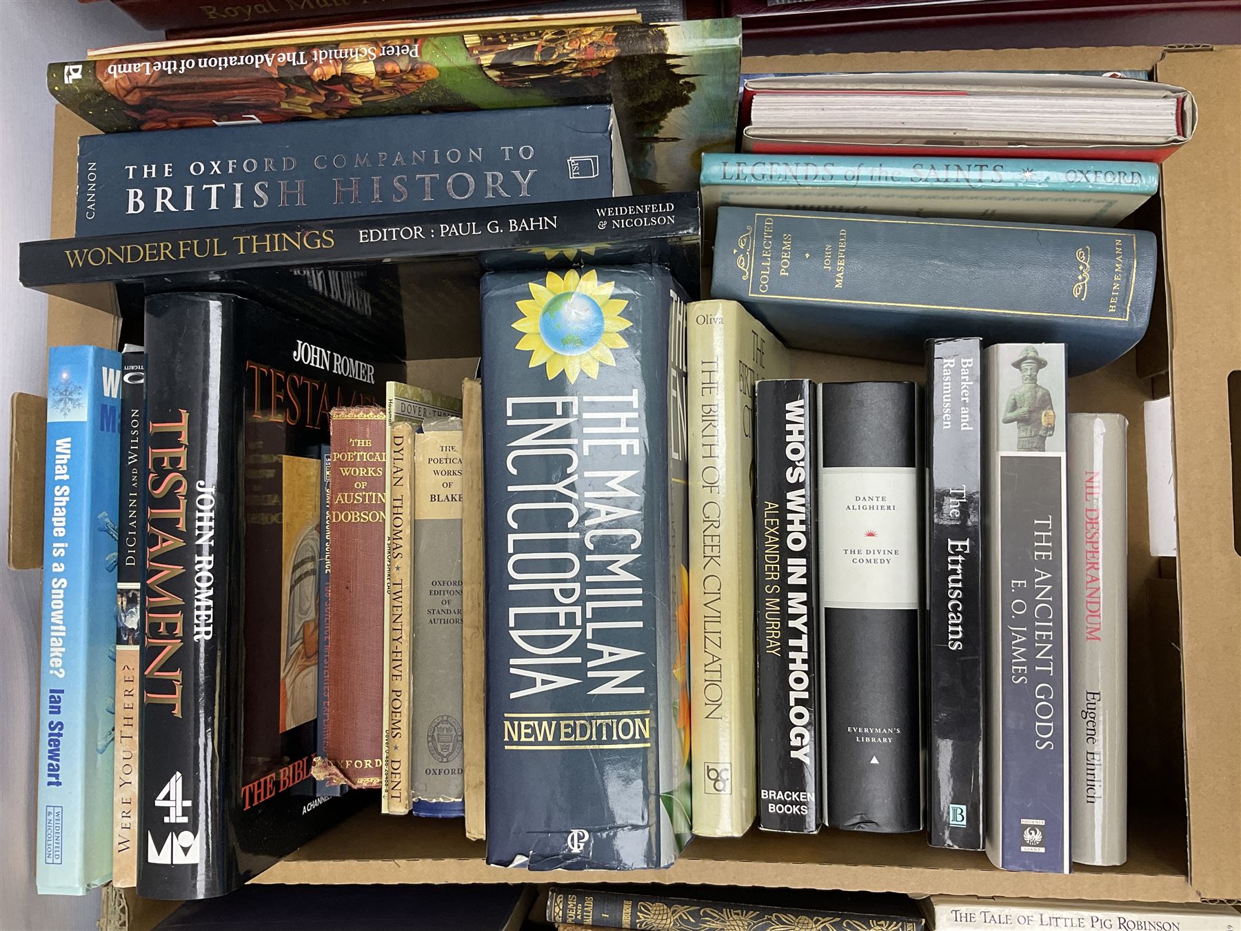 Collection of books to include Readers Digest Great World Atlas, the Macmillan Encyclopedia, poetry books, art reference books etc, in four boxes    