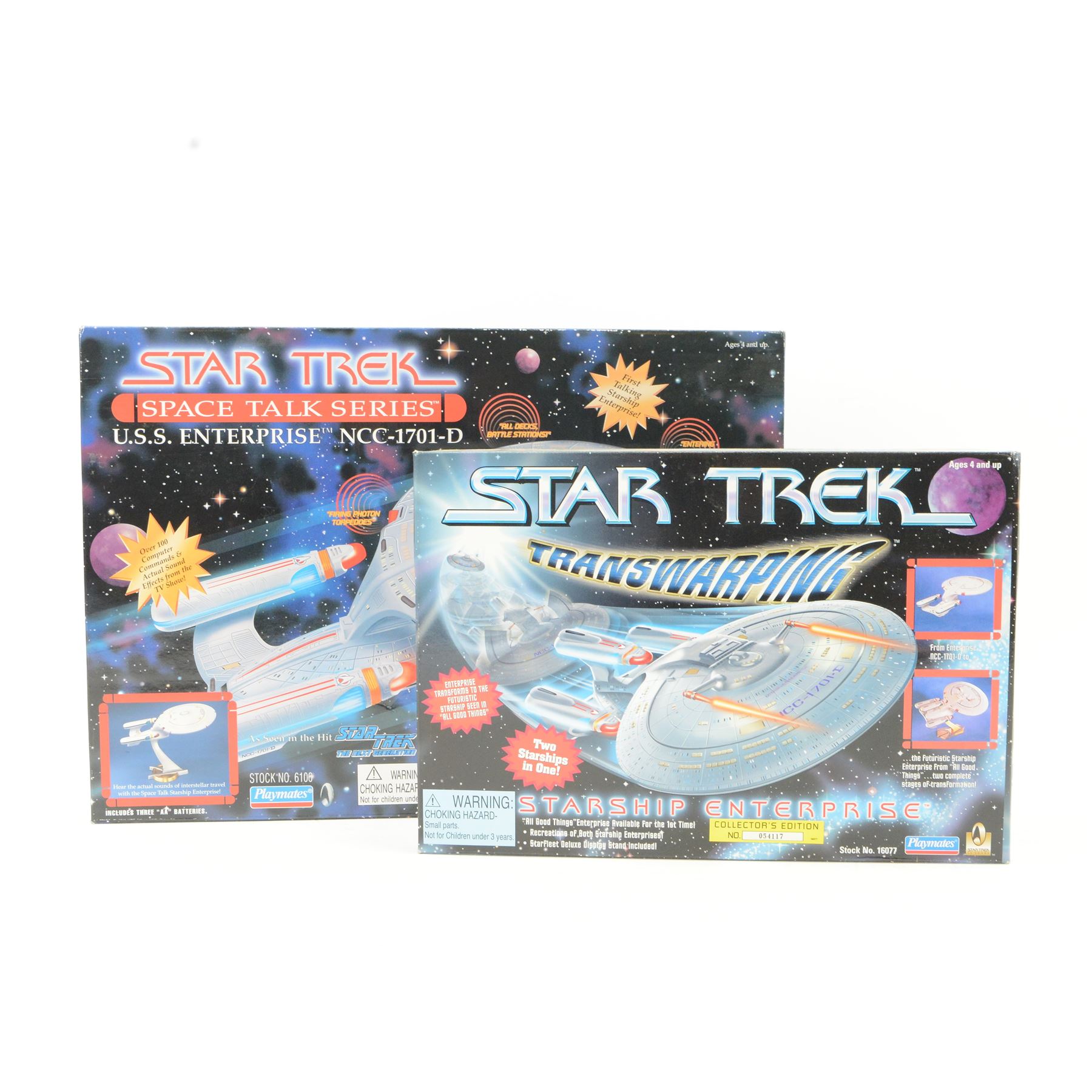 Bandai Playmates Star Trek Space Talk Series U.S.S Enterprise NCC-1701-D, collectors edition no. 052077, together with Bandai Playmates Star Trek Transwarping Starship Enterprise, both boxed