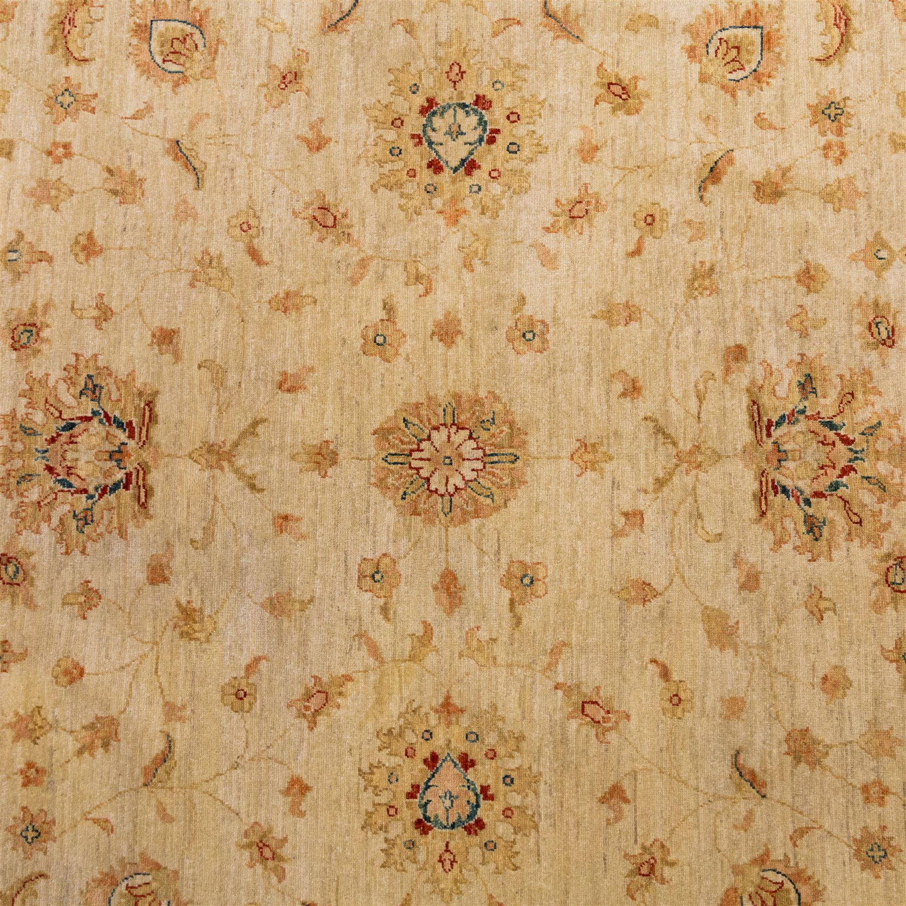 Indo-Persian Ziegler style Farahan design hand-knotted wool carpet, ivory field with open composition with dispersed palmettes, floral sprays and scrolling vinery with central subtle medallion enclosed within deep madder red border of complementary stylized foliate motifs