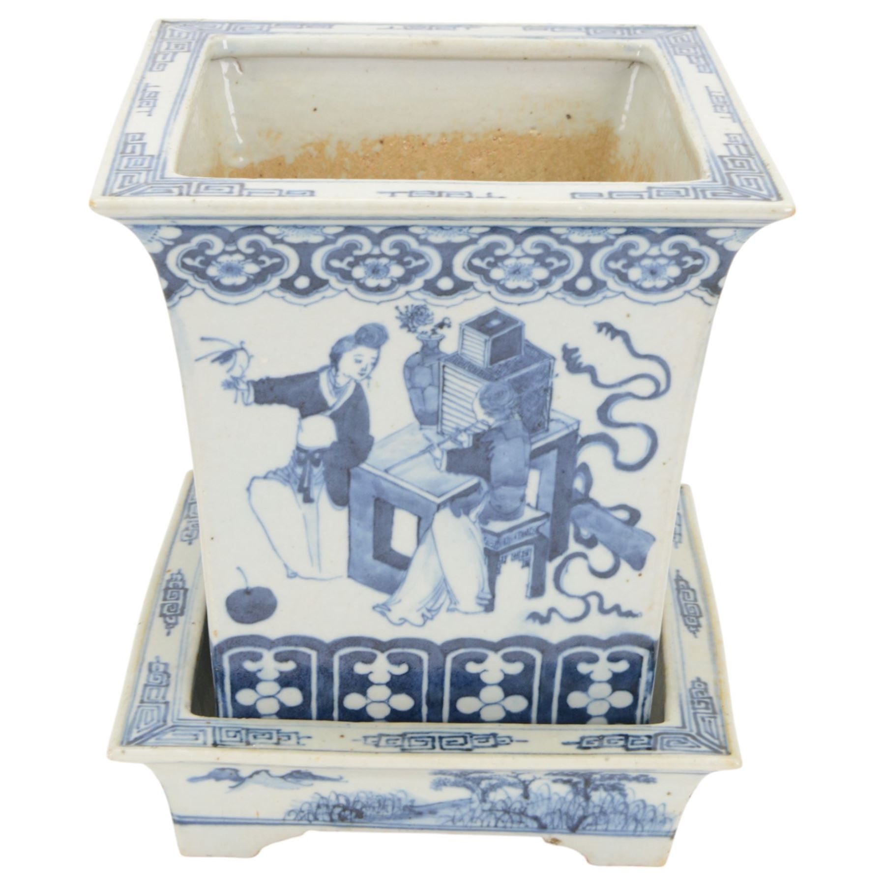 19th century Chinese blue and white planter and stand, each of square slightly tapering and flared form, the planter decorated with figures and precious objects between stylised foliate borders, the stand decorated with landscapes beneath a lipped rim with cell band, planter H28cm D25.5cm, stand H7cm D26cm