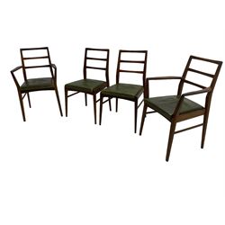 Richard Hornby for Fyne Ladye - set of six (4+2) mid-20th century dining chairs, ladder back over green faux leather upholstered drop-in seat, on tapering supports