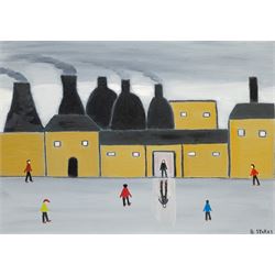 Barry Stokes (Northern British Contemporary): 'Pottery Factory', oil on canvas signed 25cm x 35cm
